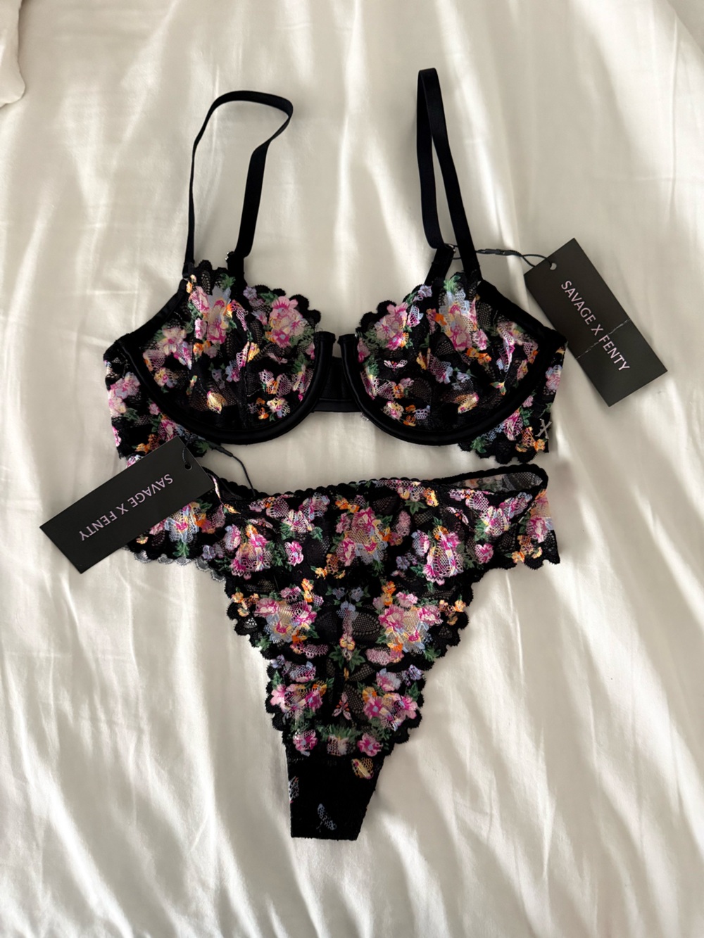 Savage X Fenty Black Floral Embroidered Underwire Bra & Thong